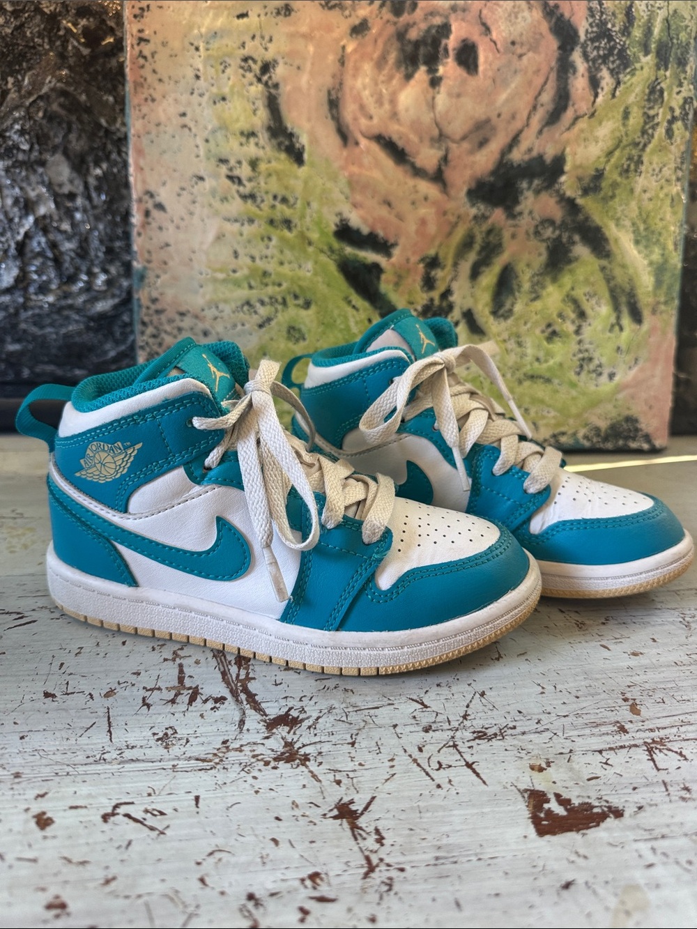 Jordan Kids' Teal and White Mid Sneakers 11.5